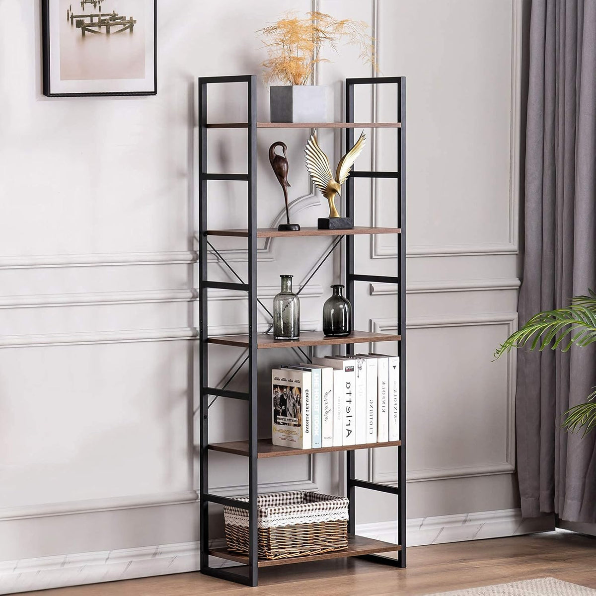 5 Tier Tall Bookshelf Bookcase, Brown Y270