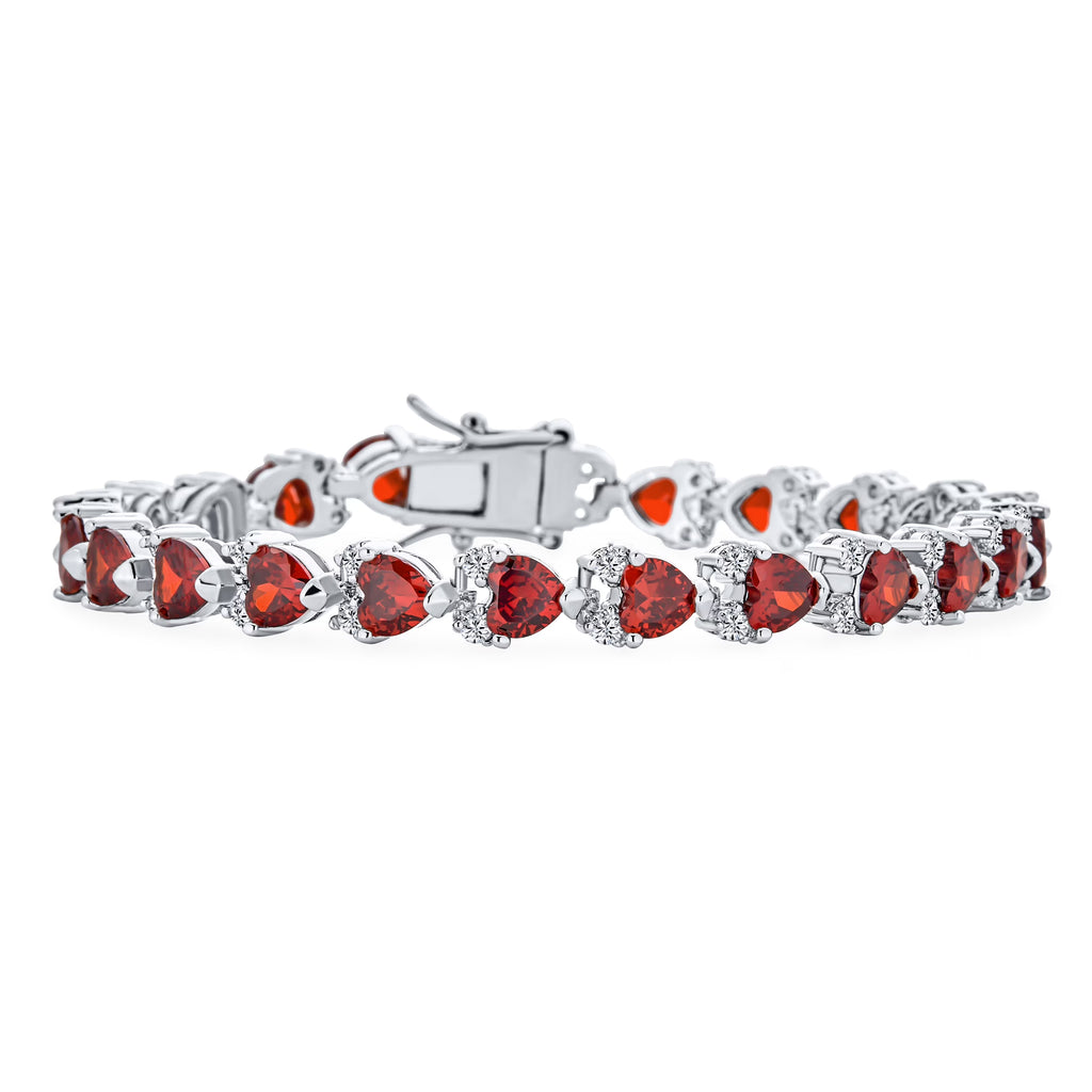 Cubic Zirconia Red Heart Shaped Tennis Bracelet Silver Plated 7.5 Inch M7017