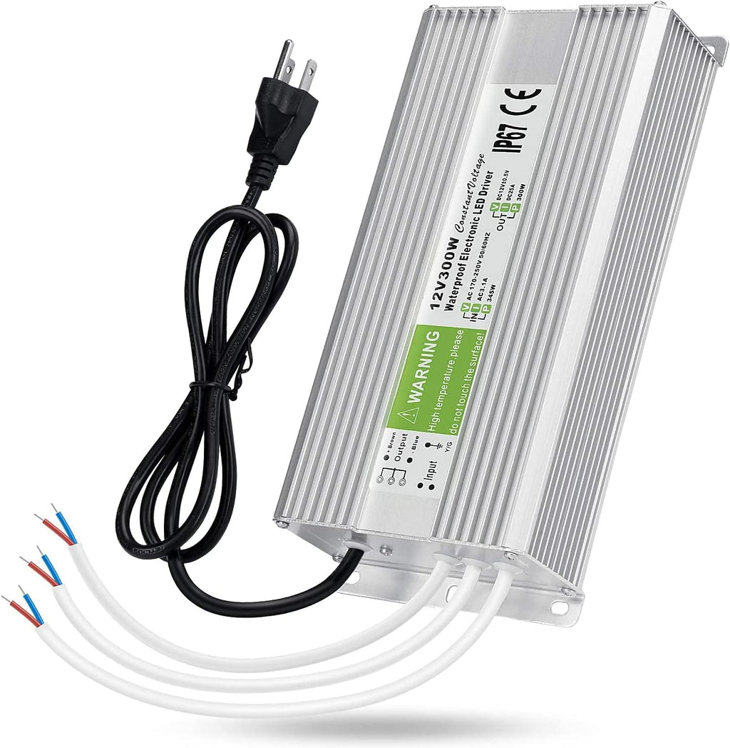 LEDMO IP67 Power Supply 300 Watts DC12V 25A AC/DC Driver Transformer Adapter Low Voltage Output with 3-Prong Plug 3.3 Feet Cable Y514