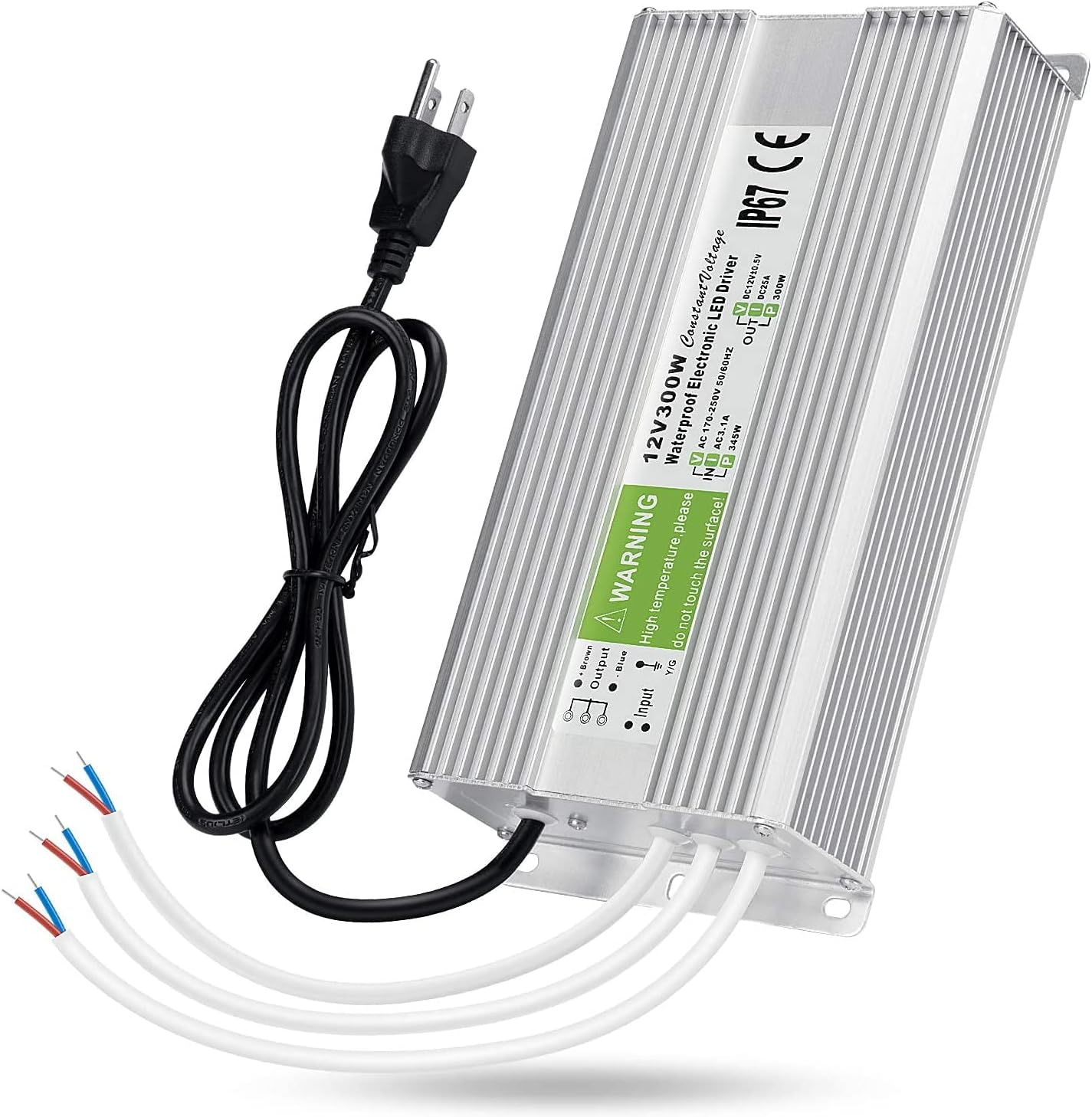 LEDMO IP67 Power Supply 300 Watts DC12V 25A AC/DC Driver Transformer Adapter Low Voltage Output with 3-Prong Plug 3.3 Feet Cable Y514