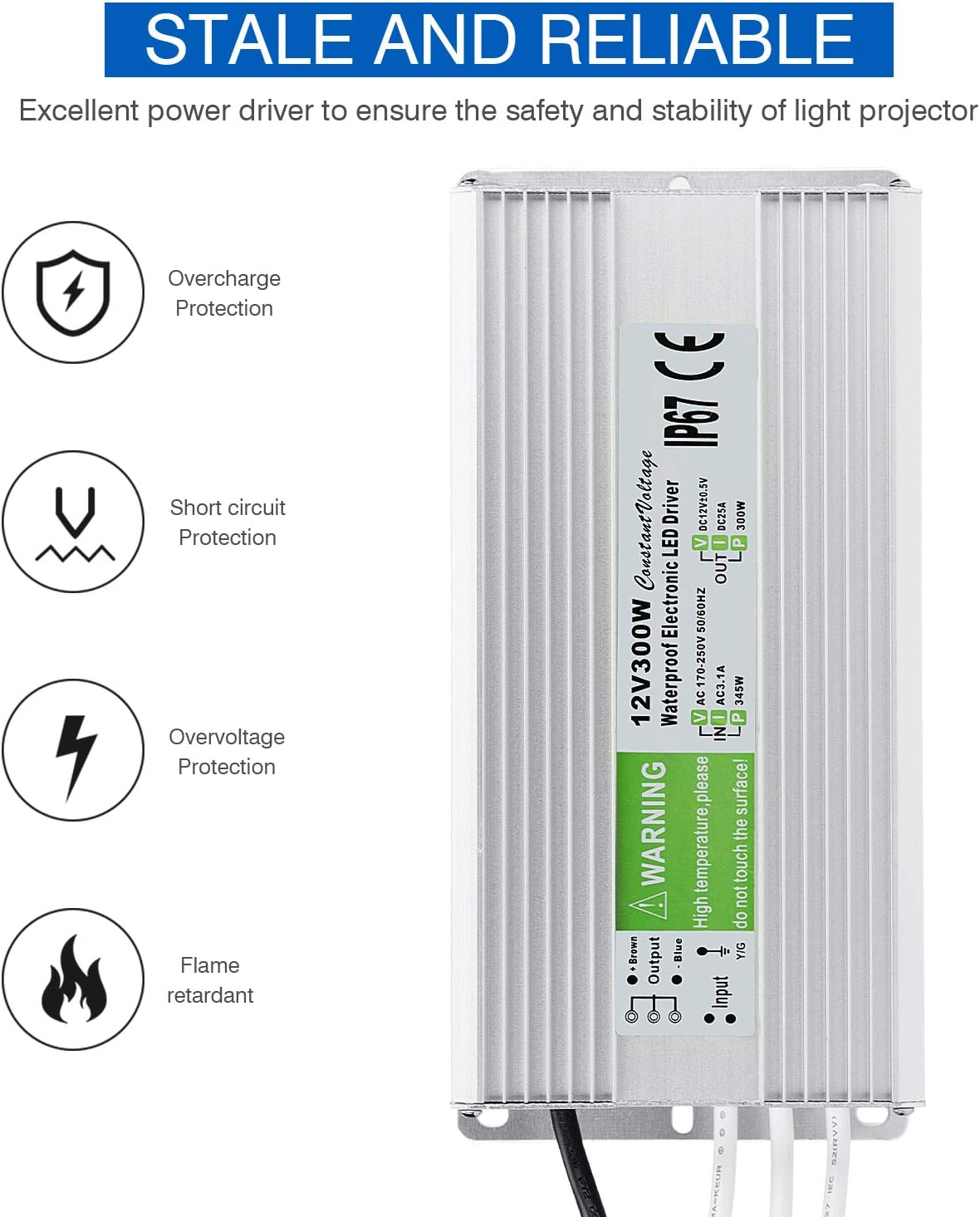 LEDMO IP67 Power Supply 300 Watts DC12V 25A AC/DC Driver Transformer Adapter Low Voltage Output with 3-Prong Plug 3.3 Feet Cable Y514