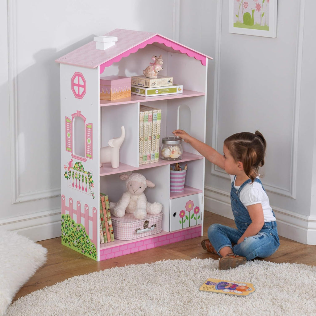 Wooden Dollhouse Bookcase with Shelves and Hidden Storage J389671