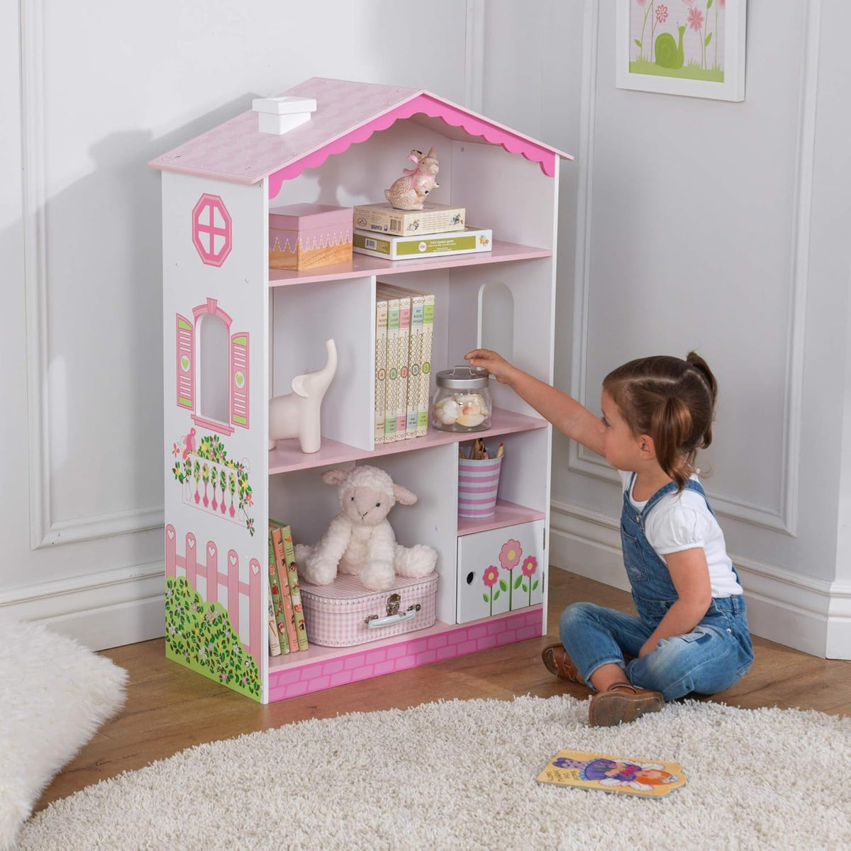 Wooden Dollhouse Bookcase with Shelves and Hidden Storage J389671