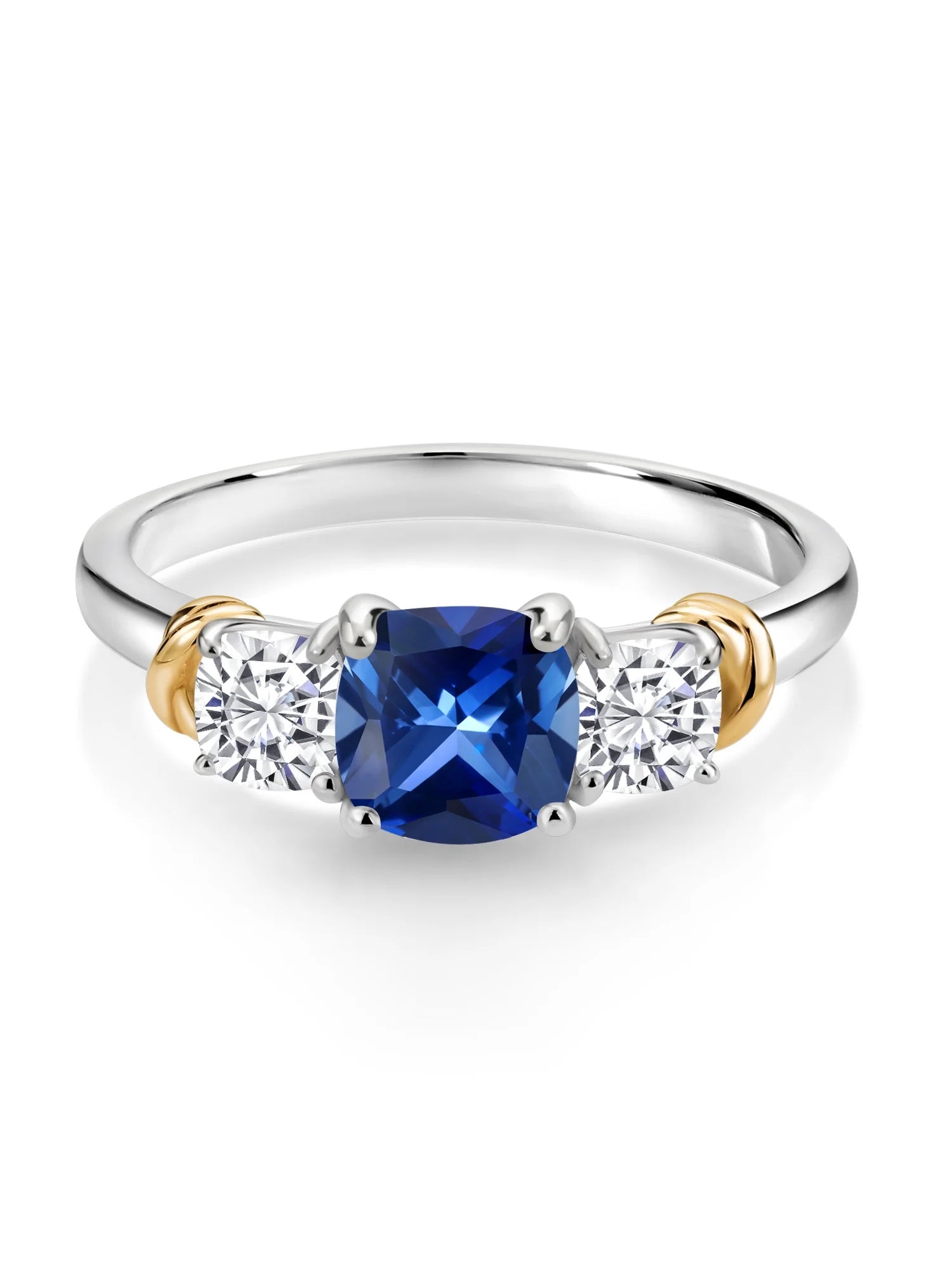 925 Sterling Silver 10K Yellow Gold Blue Created Sapphire White Moissanite 3 Stone Engagement Ring S970
