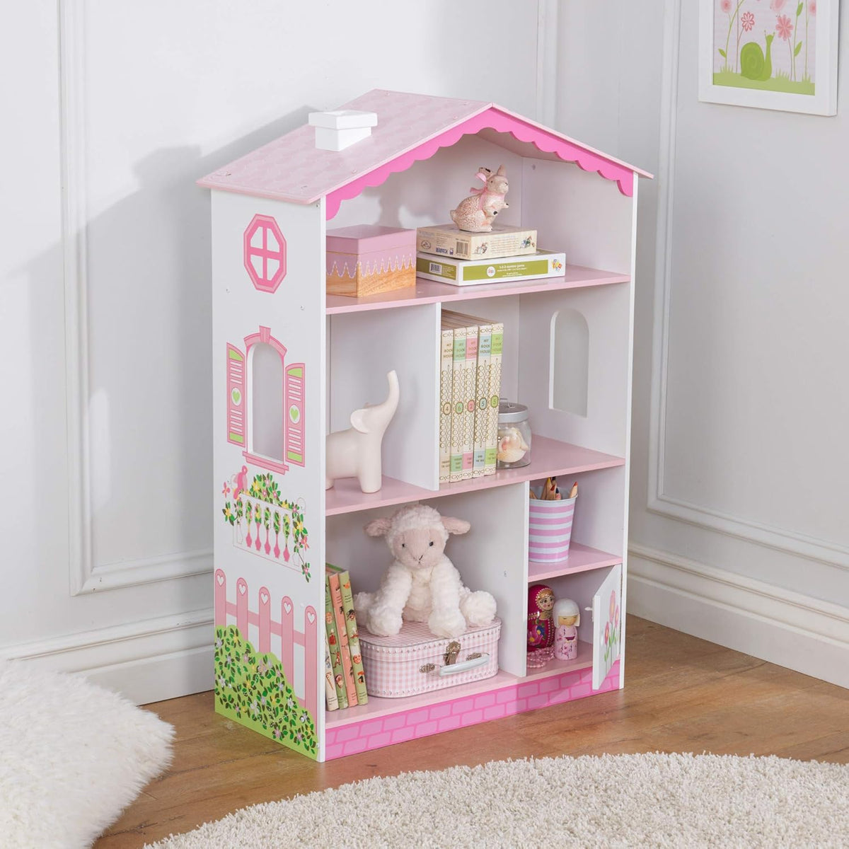 Wooden Dollhouse Bookcase with Shelves and Hidden Storage J389671