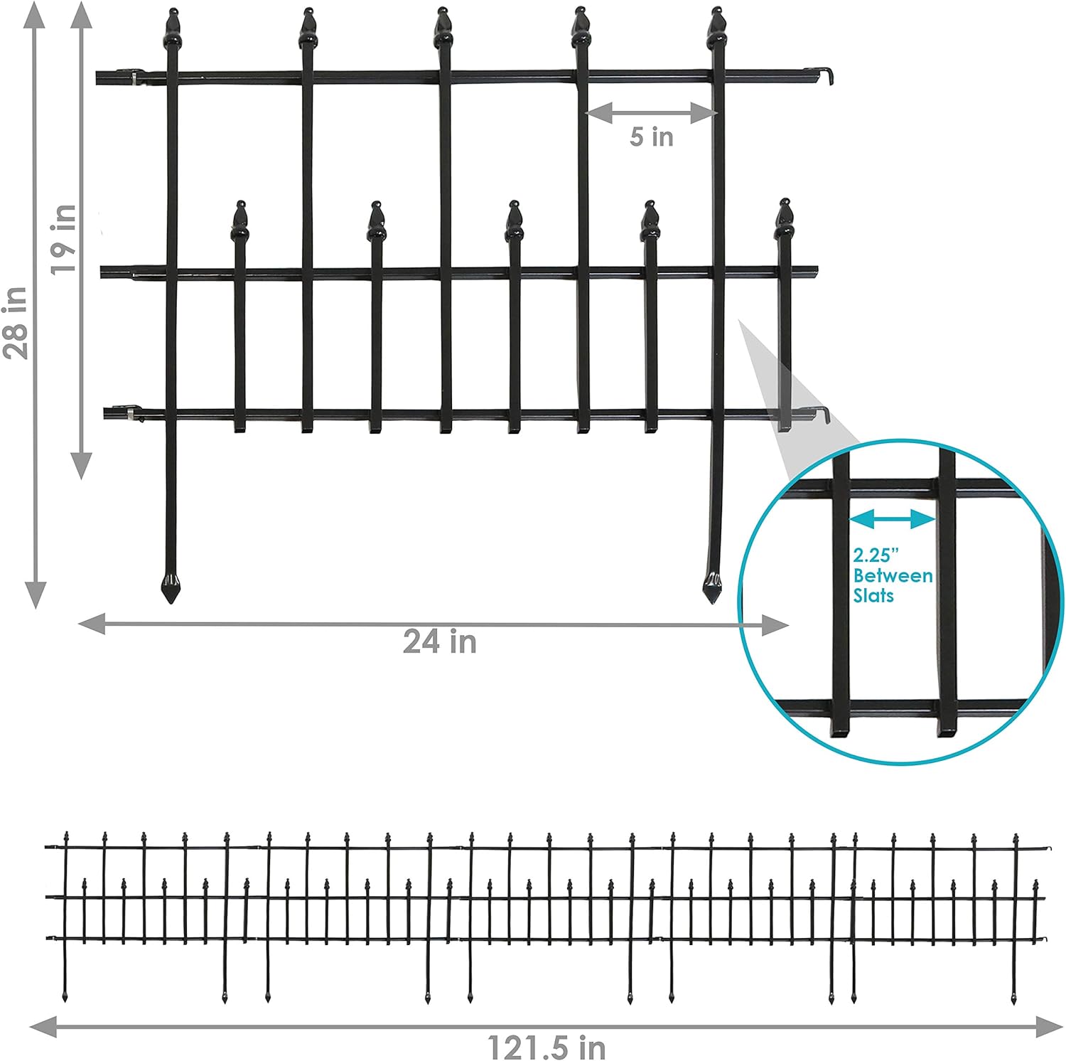 5-Piece Black Steel Garden Fence Panel Set T9049