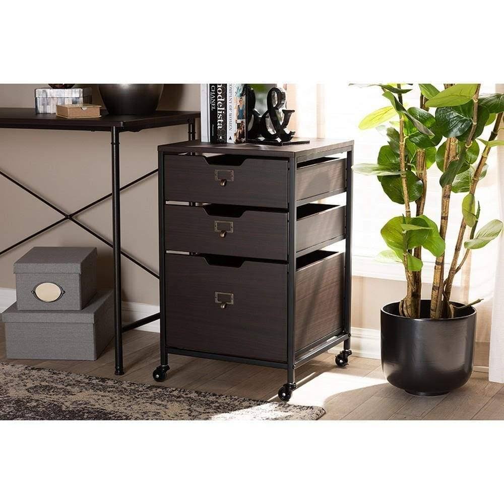 Espresso Wood and Black Metal Mobile File Cabinet 3-Drawer O2602