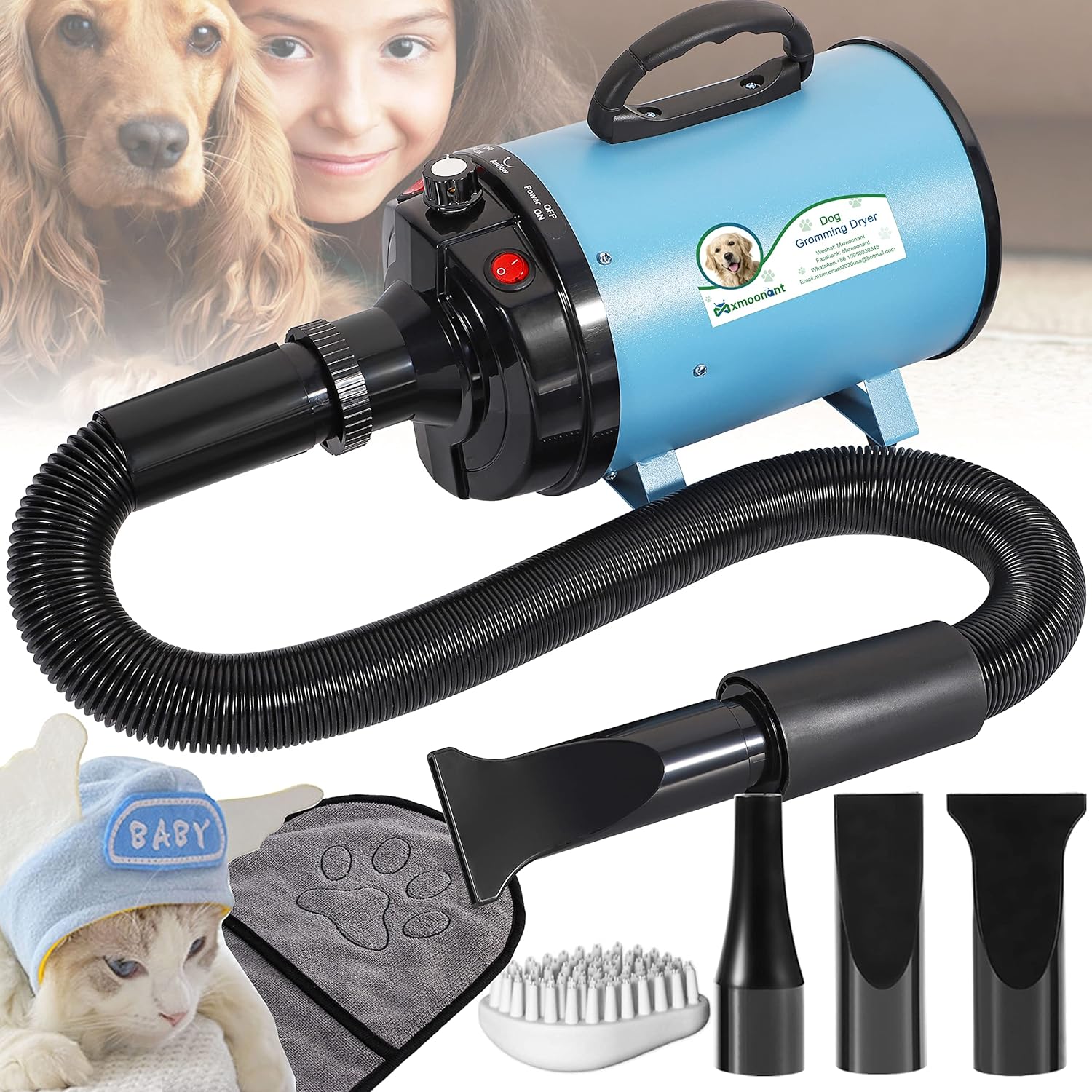 3.2HP Low Noise Pet Hair Force Dryer with 3 Nozzles T3365