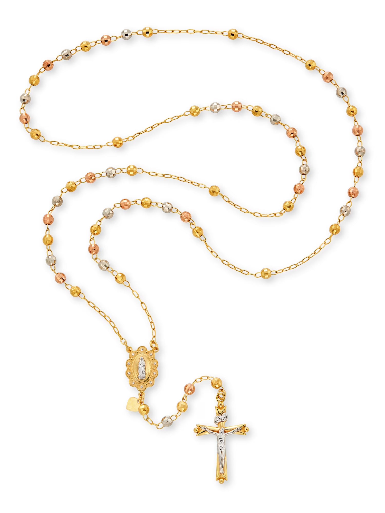 14K Gold Plated Sterling Silver Tri Color Beads Rosary Necklace 26" V9547