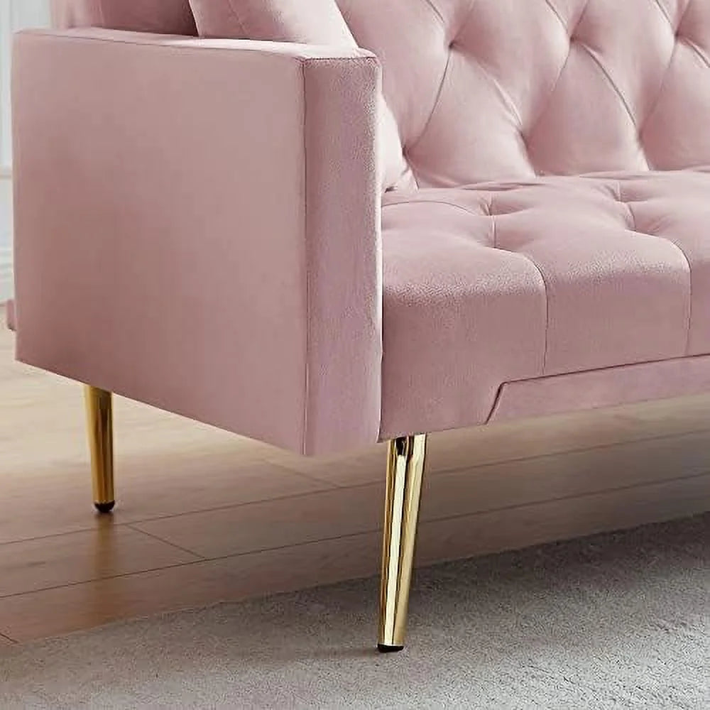 Pink Velvet Futon Sofa Bed with Two Pillows and Metal Legs L36056