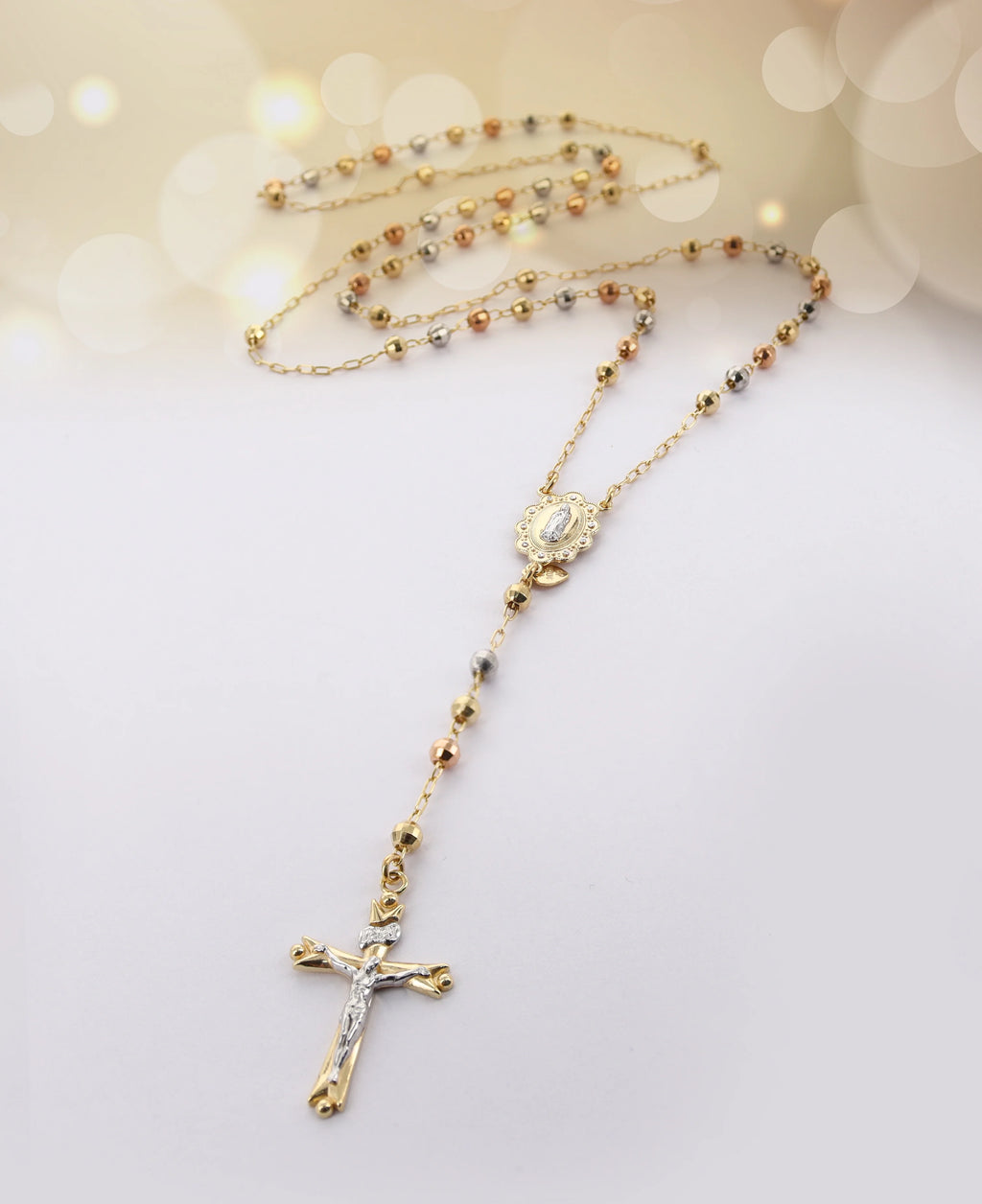 14K Gold Plated Sterling Silver Tri Color Beads Rosary Necklace 26" V9547
