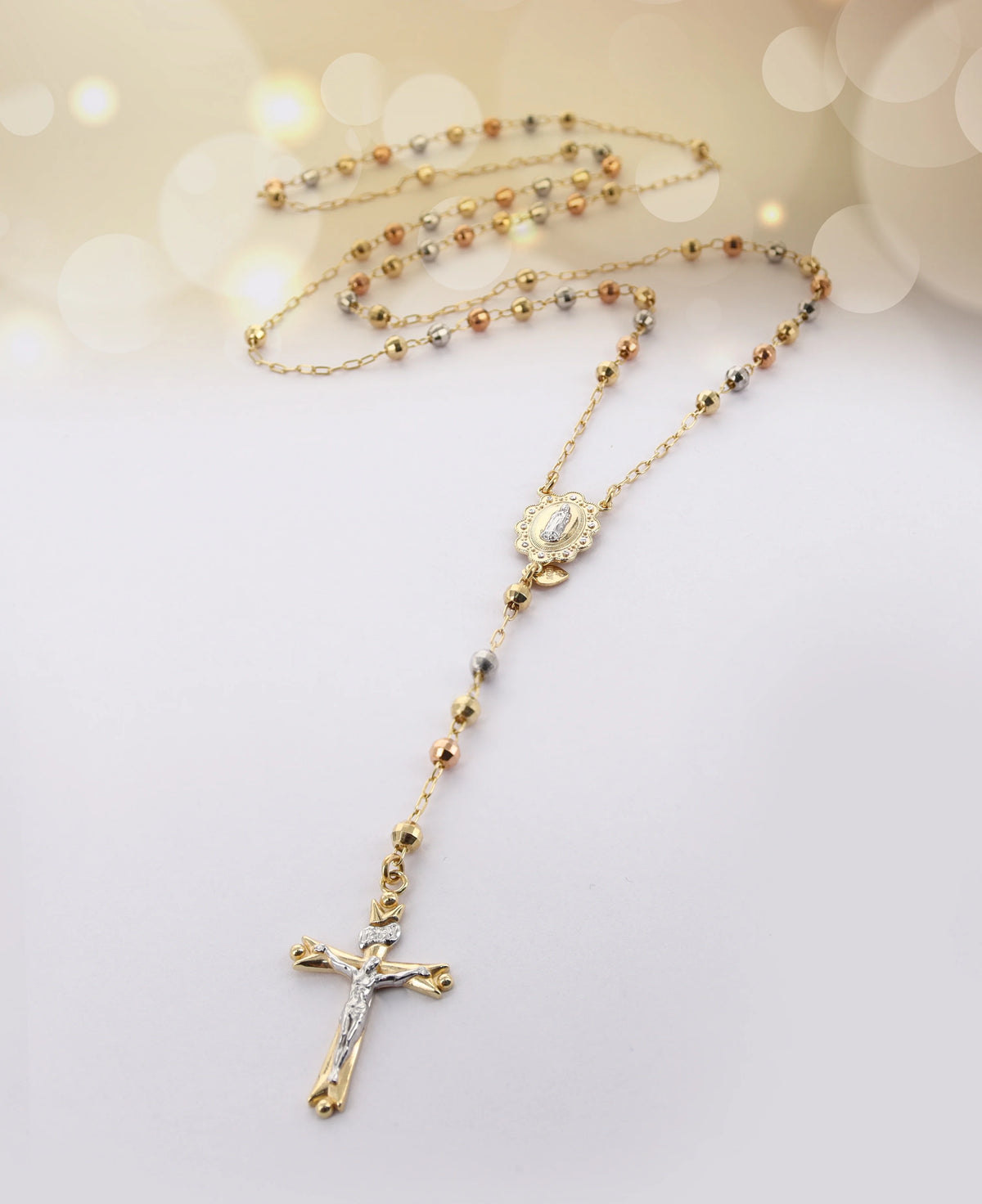 14K Gold Plated Sterling Silver Tri Color Beads Rosary Necklace 26" V9547