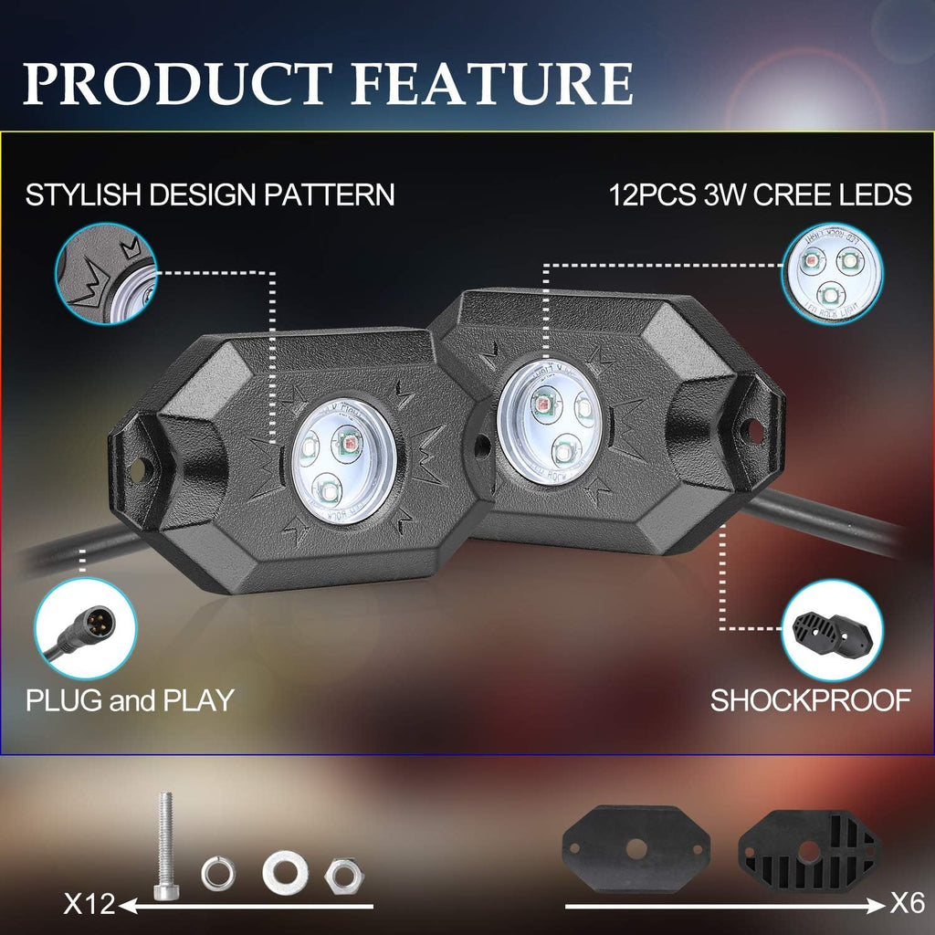 6 Pods Multicolor LED Rock Light Kit with Bluetooth Controller Pack of 2 A48213