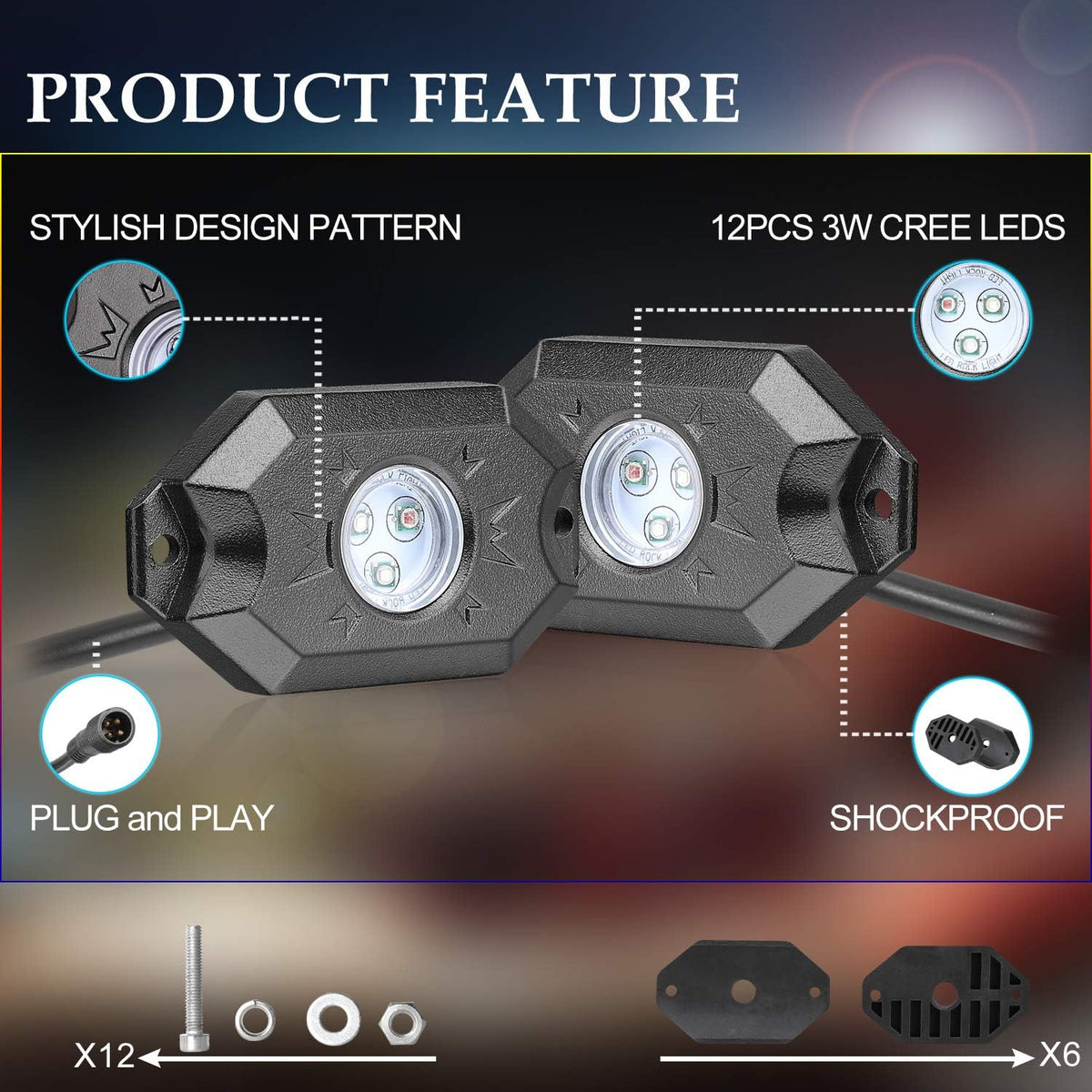 6 Pods Multicolor LED Rock Light Kit with Bluetooth Controller Pack of 2 A48213
