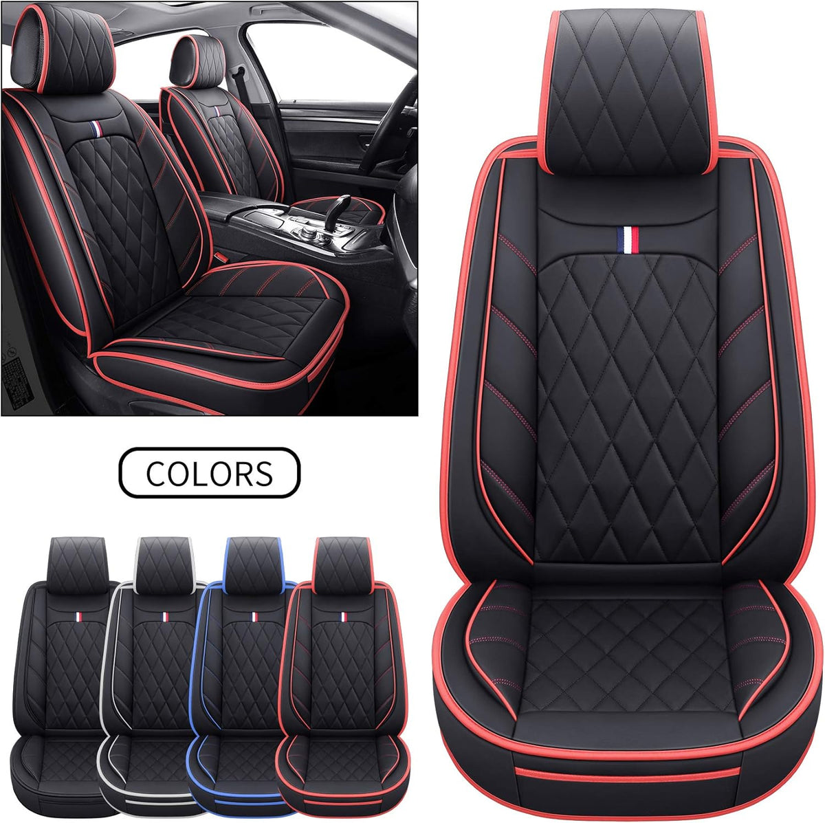 5 Car Seat Covers Full Set Waterproof Leather Automotive Cushions Split Bench 40/60 Universal (Full Set, Black-Blue) O12474