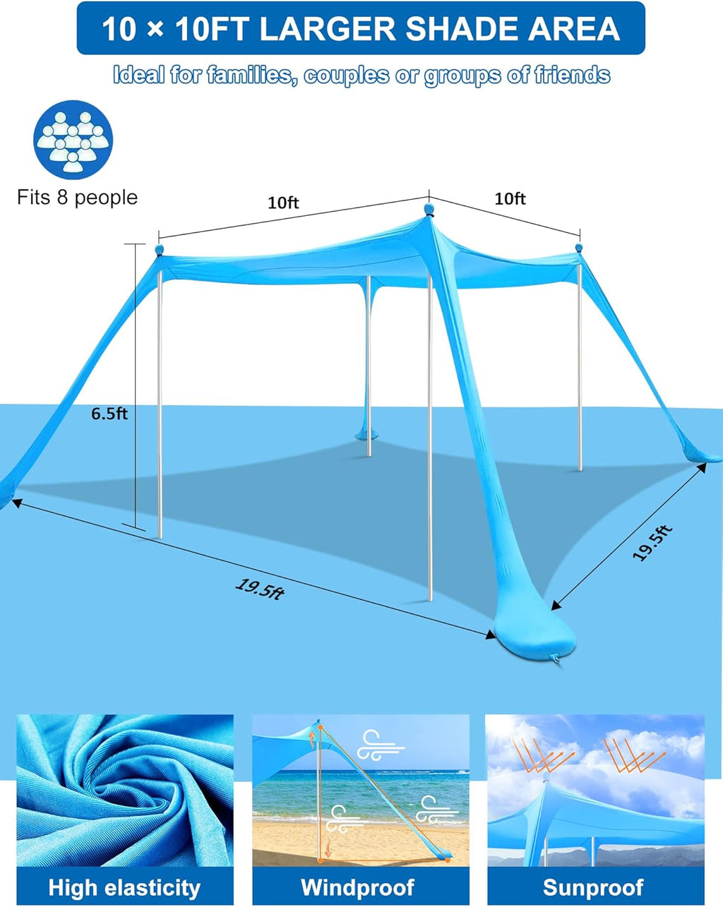 10×10FT Pop Up Beach Canopy Sun Shelter with 4 Aluminum Poles H1519
