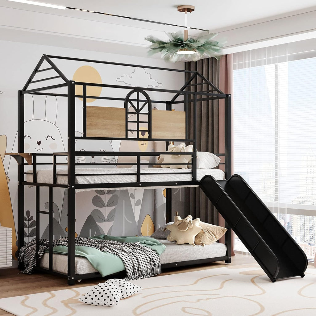 Twin Over Twin Metal Bunk Bed with Slide and Integrated Ladder, Black X460