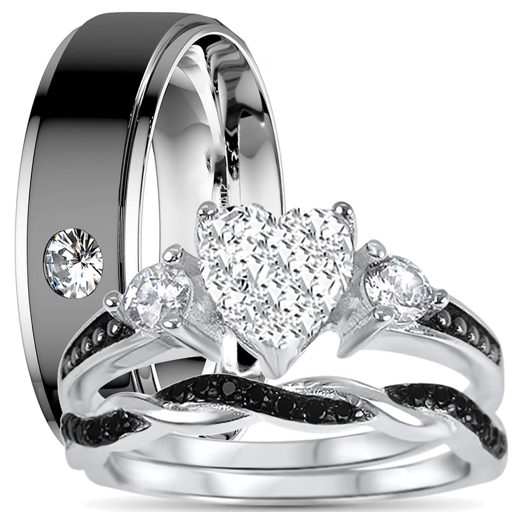3 Piece Sterling Silver Black Wedding Band Engagement Ring Set V278796