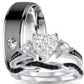 3 Piece Sterling Silver Black Wedding Band Engagement Ring Set V278796