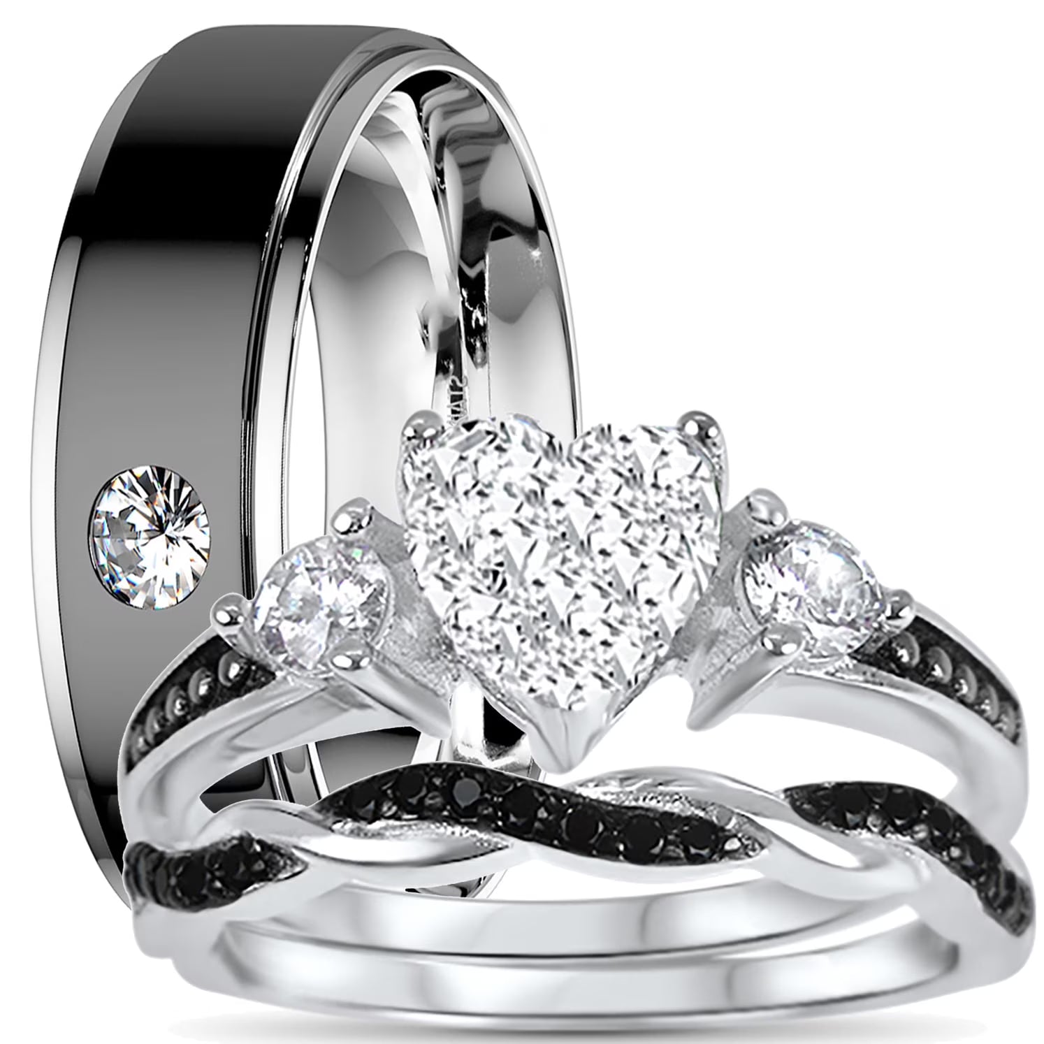 3 Piece Sterling Silver Black Wedding Band Engagement Ring Set V278796