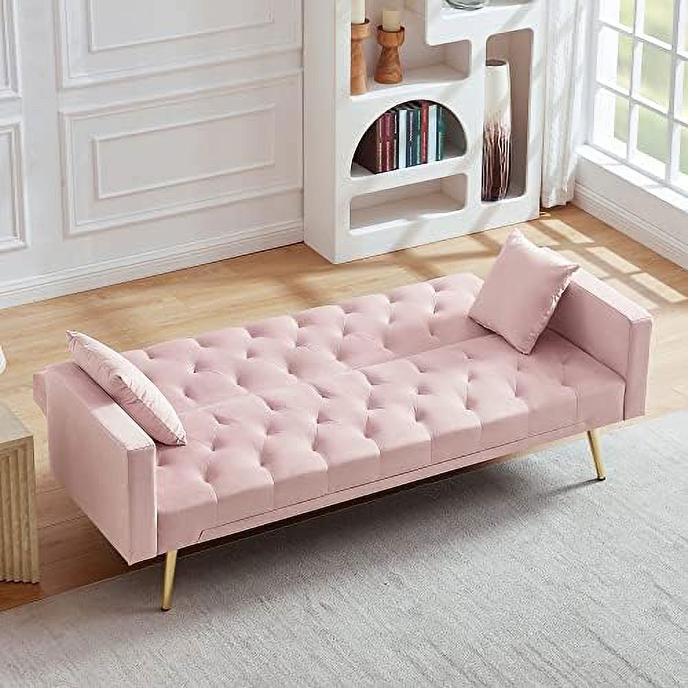 Pink Velvet Futon Sofa Bed with Two Pillows and Metal Legs L36056