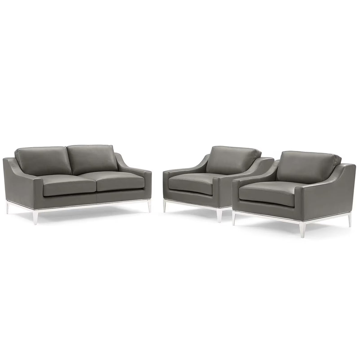 3 Piece Stainless Steel Base Leather Set in Gray V1088