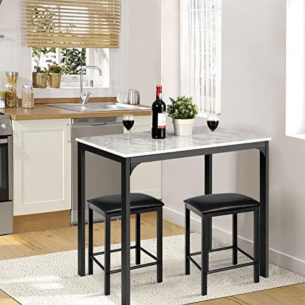 Black 3 Pieces Dining Table Set with Faux Marble Tabletop and PU Leather Stools E99979