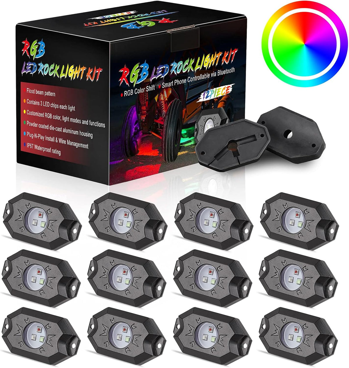 6 Pods Multicolor LED Rock Light Kit with Bluetooth Controller Pack of 2 A48213
