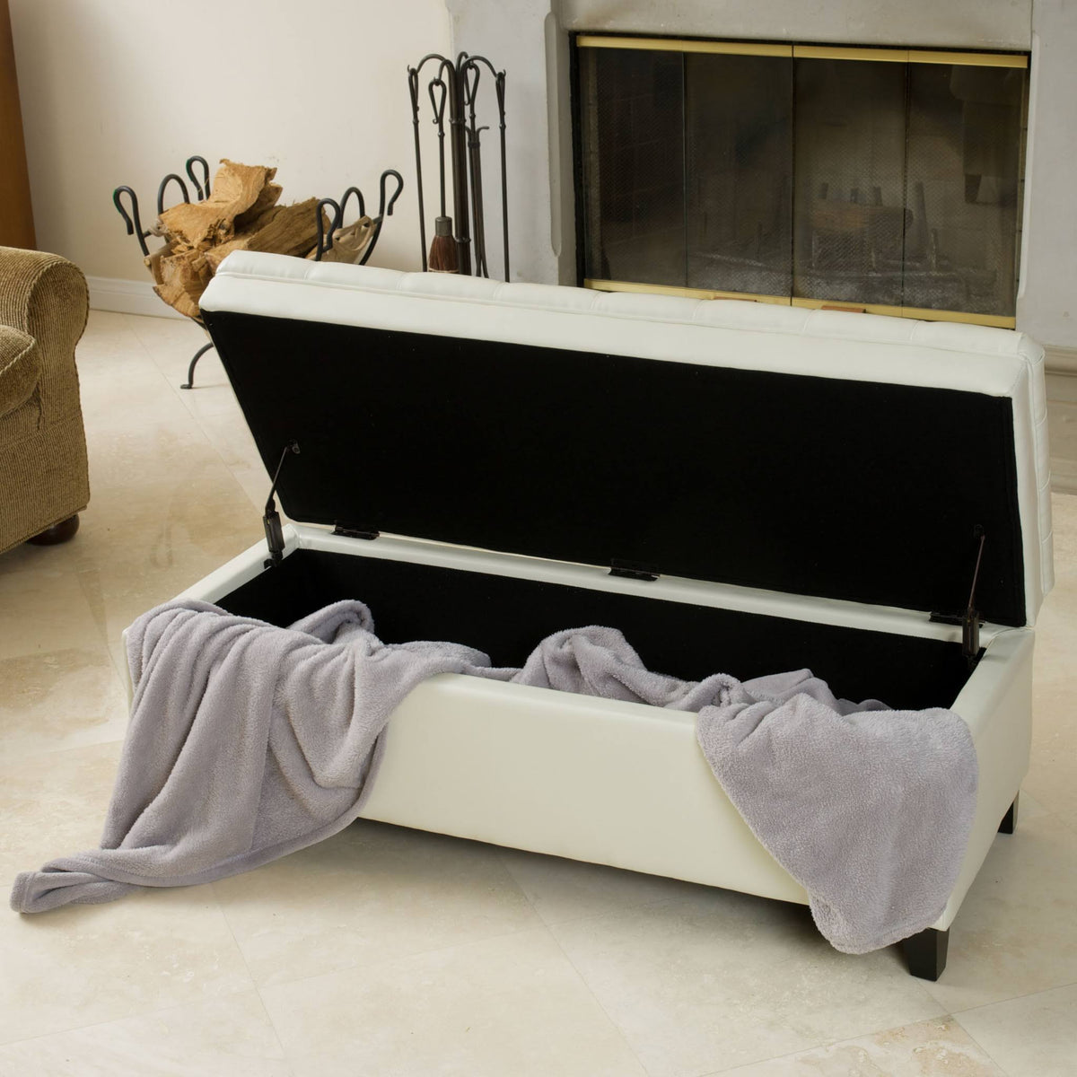 Ivory Leather Storage Ottoman N7704