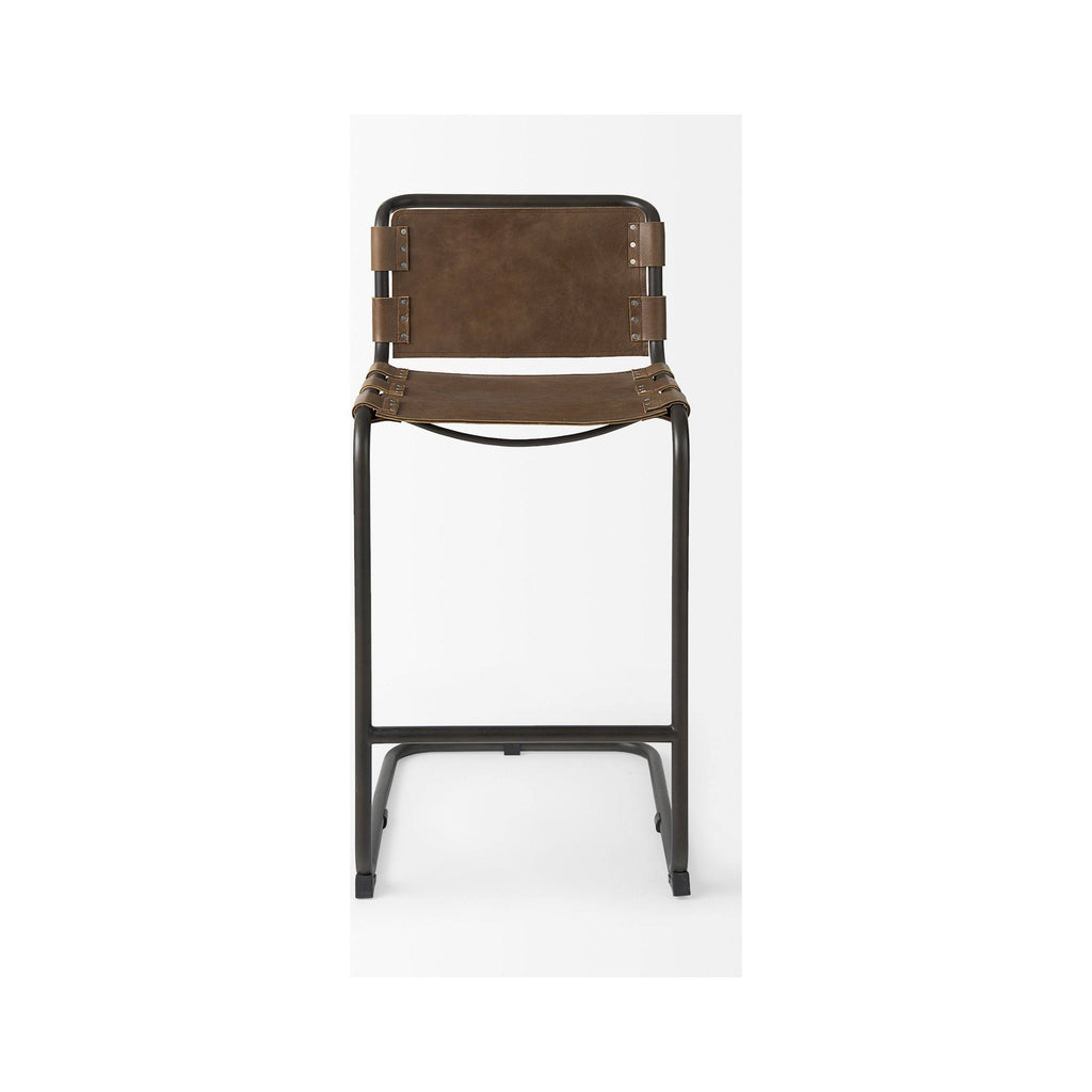 Medium Brown Leather Bar Stool with Iron Frame T814