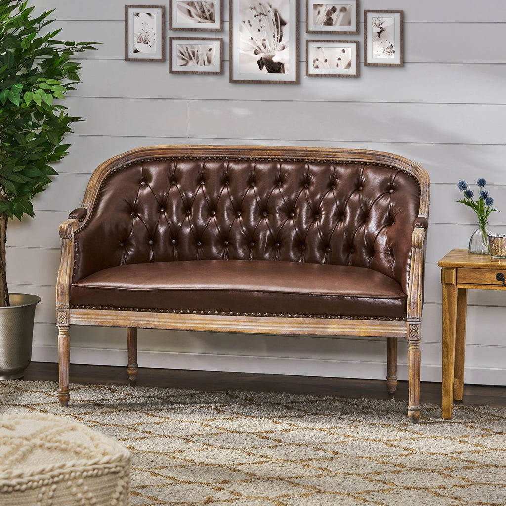 Dark Brown Faux Leather Tufted Loveseat A66240