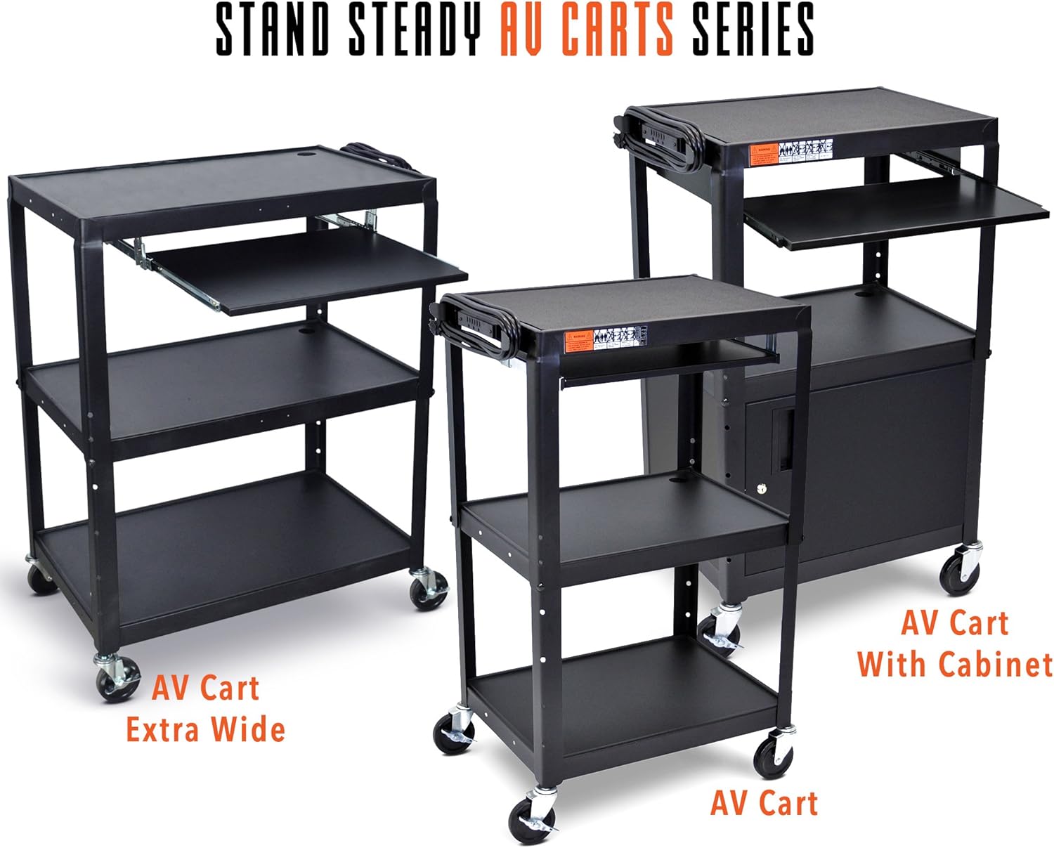 AV Cart on Wheels with Height Adjustable Top Shelf, Pullout Keyboard Tray, 15 ft Power Cord, 42in x 24in x 18in, Black Q56535