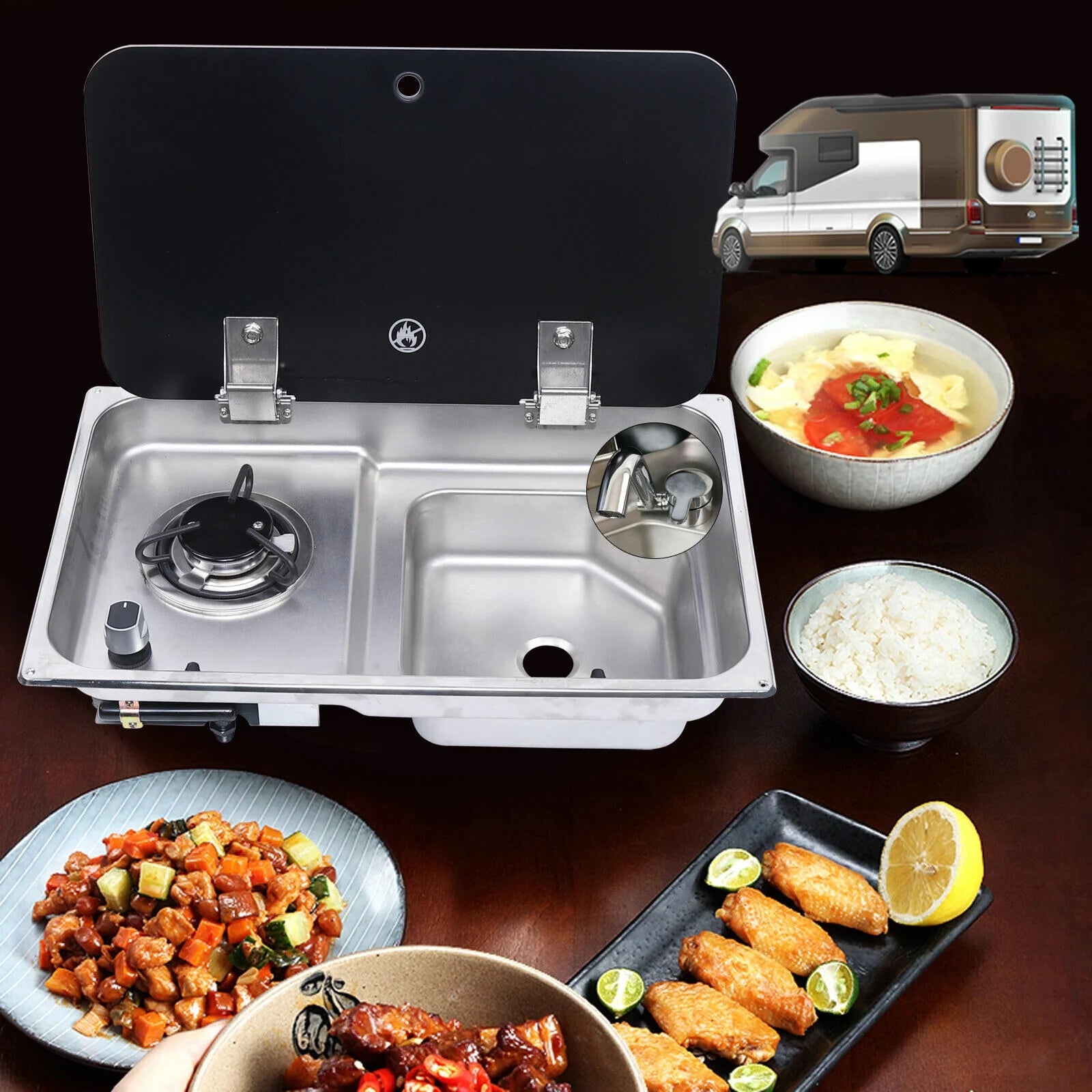 1 Burner Gas Stove Hob Sink Combo with Black Glass Lid Faucet D986