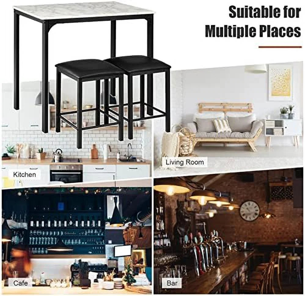 Black 3 Pieces Dining Table Set with Faux Marble Tabletop and PU Leather Stools E99979