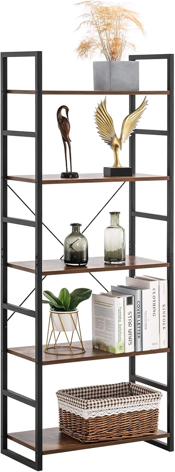 5 Tier Tall Bookshelf Bookcase, Brown Y270
