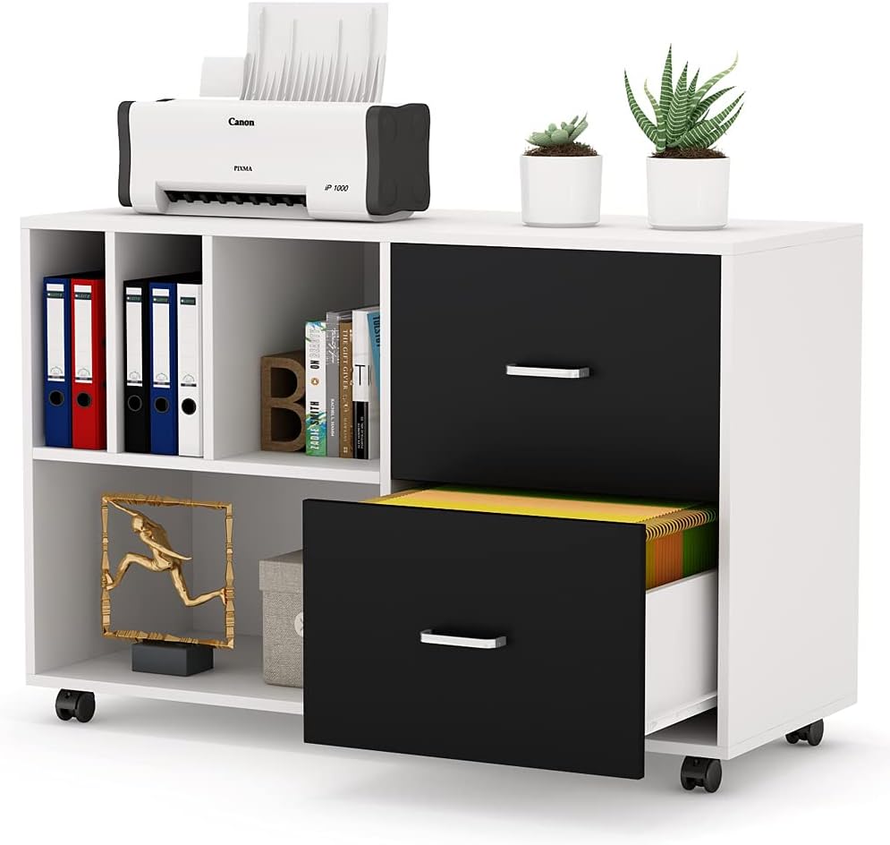 2-Drawer Mobile Filing Cabinet Printer Stand with Wheels and Open Storage Shelves (White) J9913