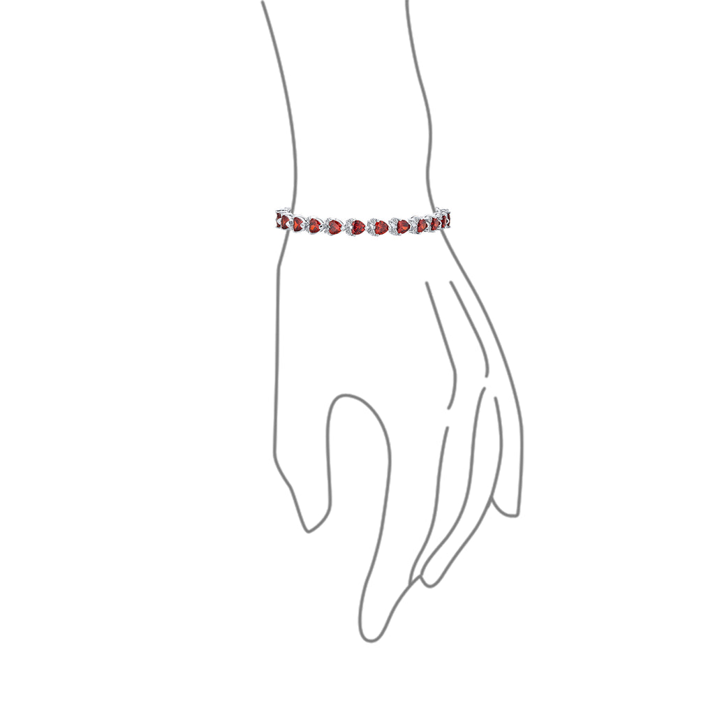 Cubic Zirconia Red Heart Shaped Tennis Bracelet Silver Plated 7.5 Inch M7017