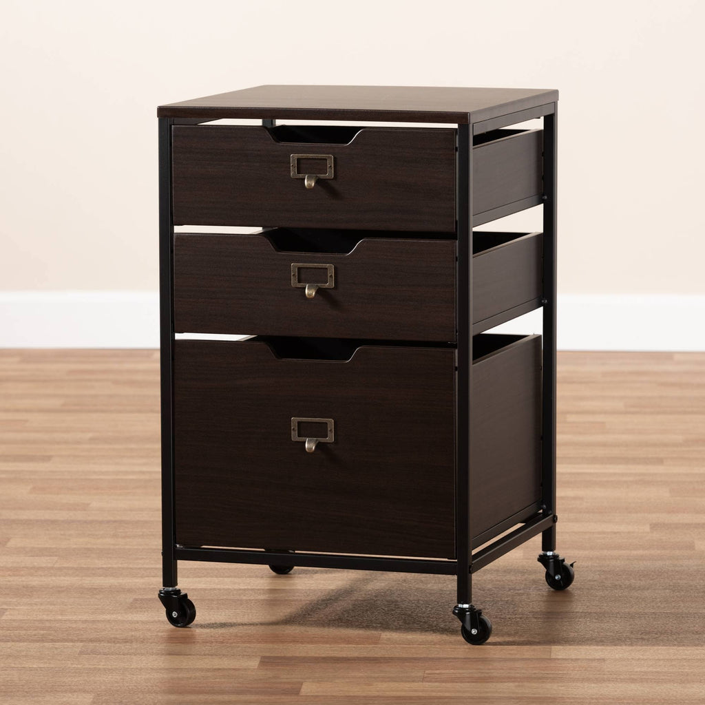 Espresso Wood and Black Metal Mobile File Cabinet 3-Drawer O2602