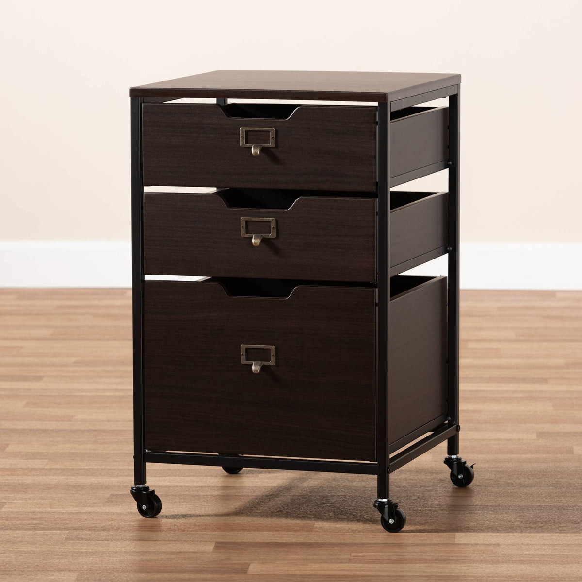 Espresso Wood and Black Metal Mobile File Cabinet 3-Drawer O2602