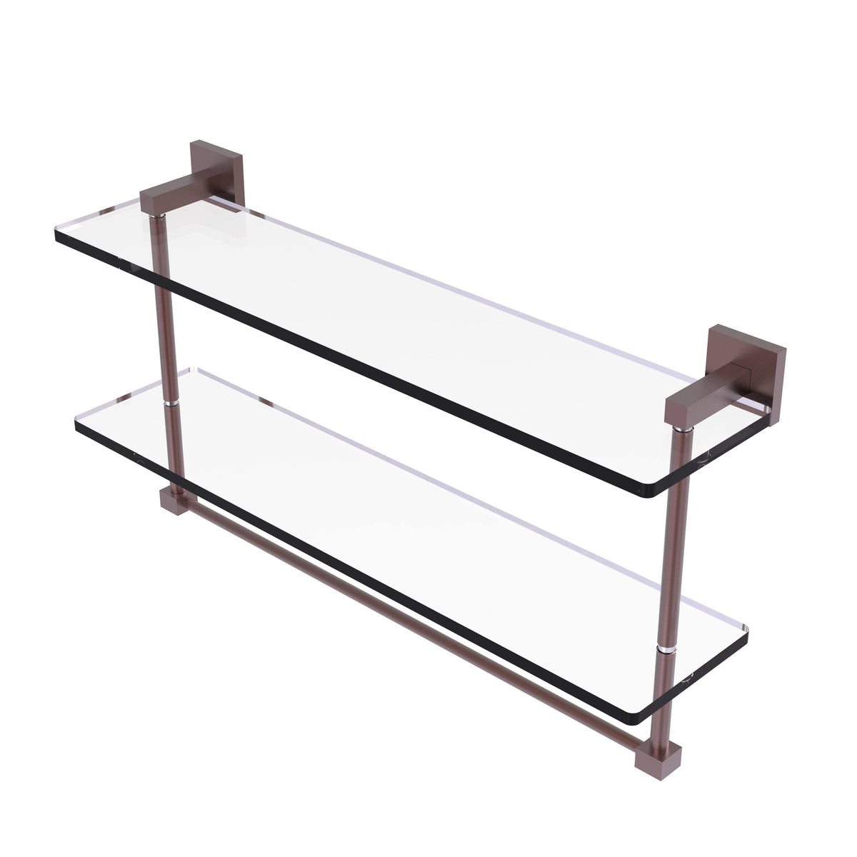 22 in. Two Tiered Glass Shelf with Integrated Towel Bar Antique Copper D734