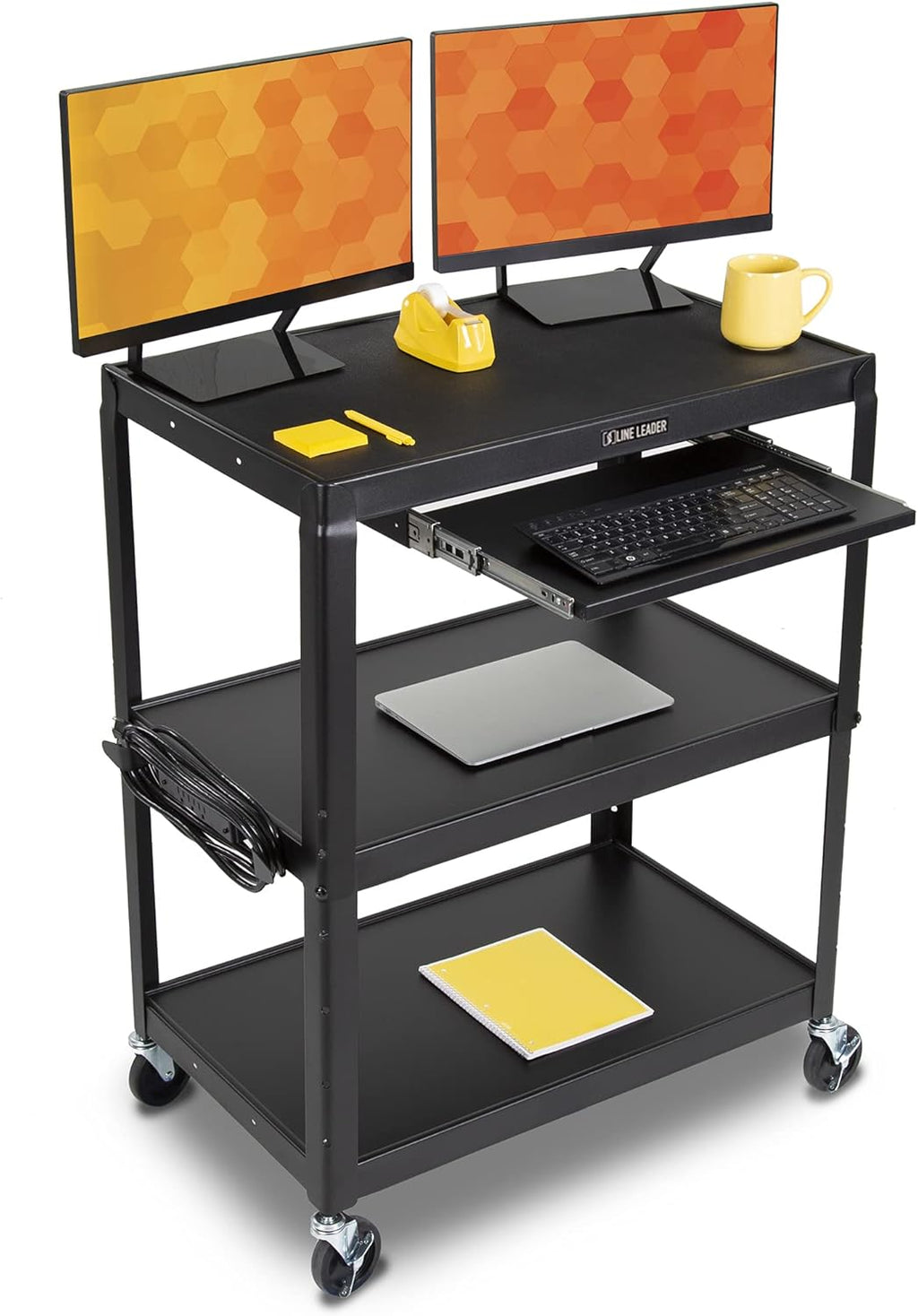 AV Cart on Wheels with Height Adjustable Top Shelf, Pullout Keyboard Tray, 15 ft Power Cord, 42in x 24in x 18in, Black Q56535