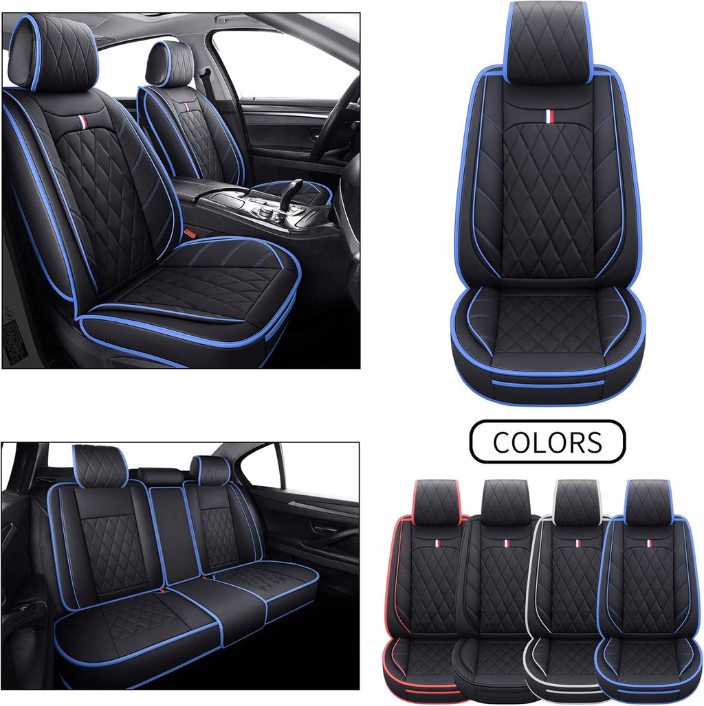 5 Car Seat Covers Full Set Waterproof Leather Automotive Cushions Split Bench 40/60 Universal (Full Set, Black-Blue) O12474