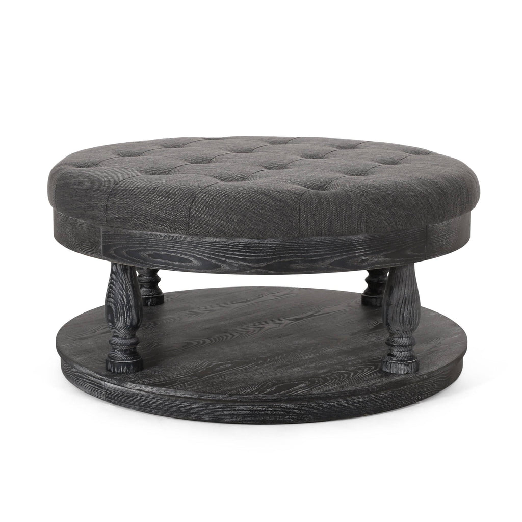 Charcoal and Gray Fabric Round Ottoman U473658