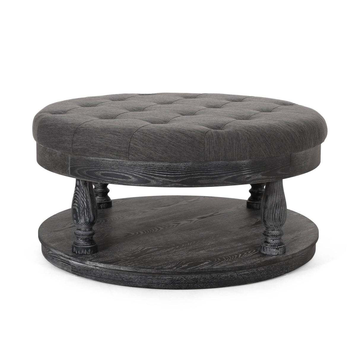 Charcoal and Gray Fabric Round Ottoman U473658