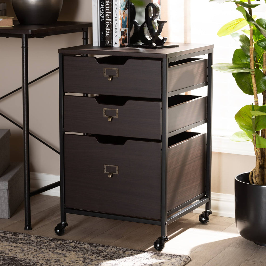Espresso Wood and Black Metal Mobile File Cabinet 3-Drawer O2602