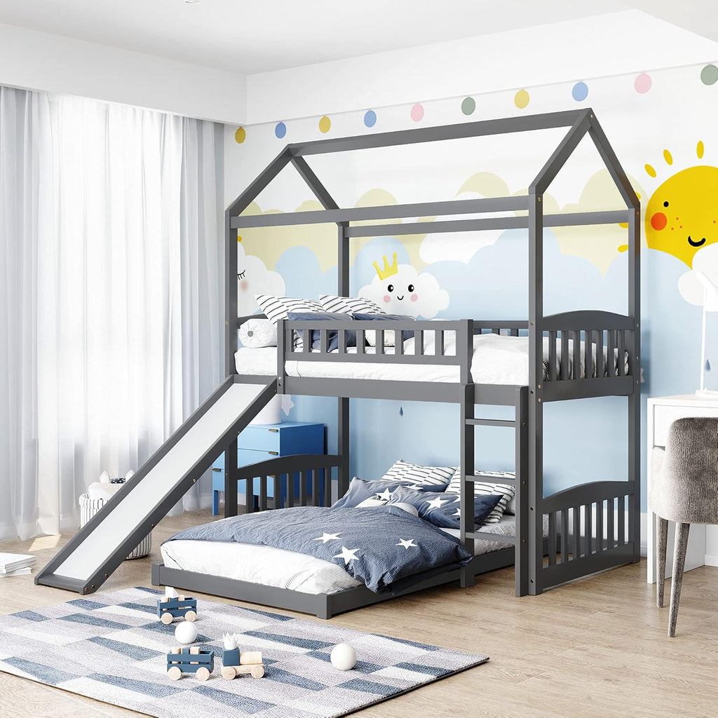 Twin Over Twin Metal Bunk Bed with Slide and Integrated Ladder, Black X460