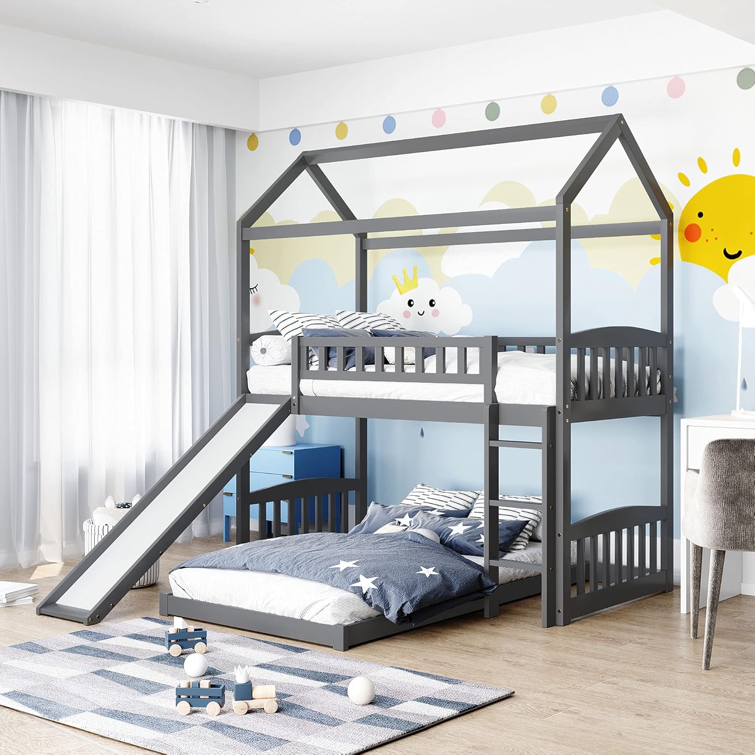 Twin Over Twin Metal Bunk Bed with Slide and Integrated Ladder, Black X460