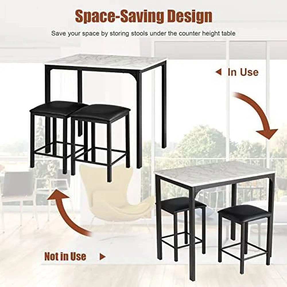 Black 3 Pieces Dining Table Set with Faux Marble Tabletop and PU Leather Stools E99979