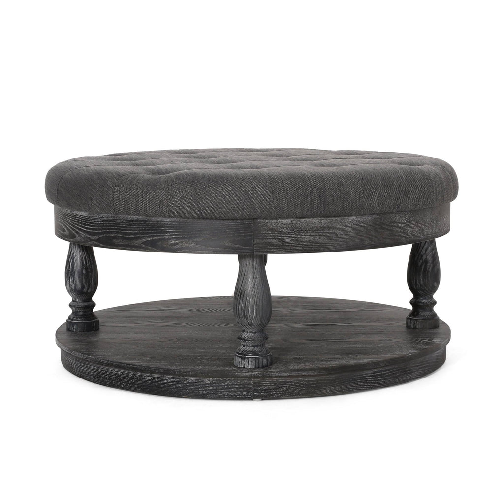 Charcoal and Gray Fabric Round Ottoman U473658