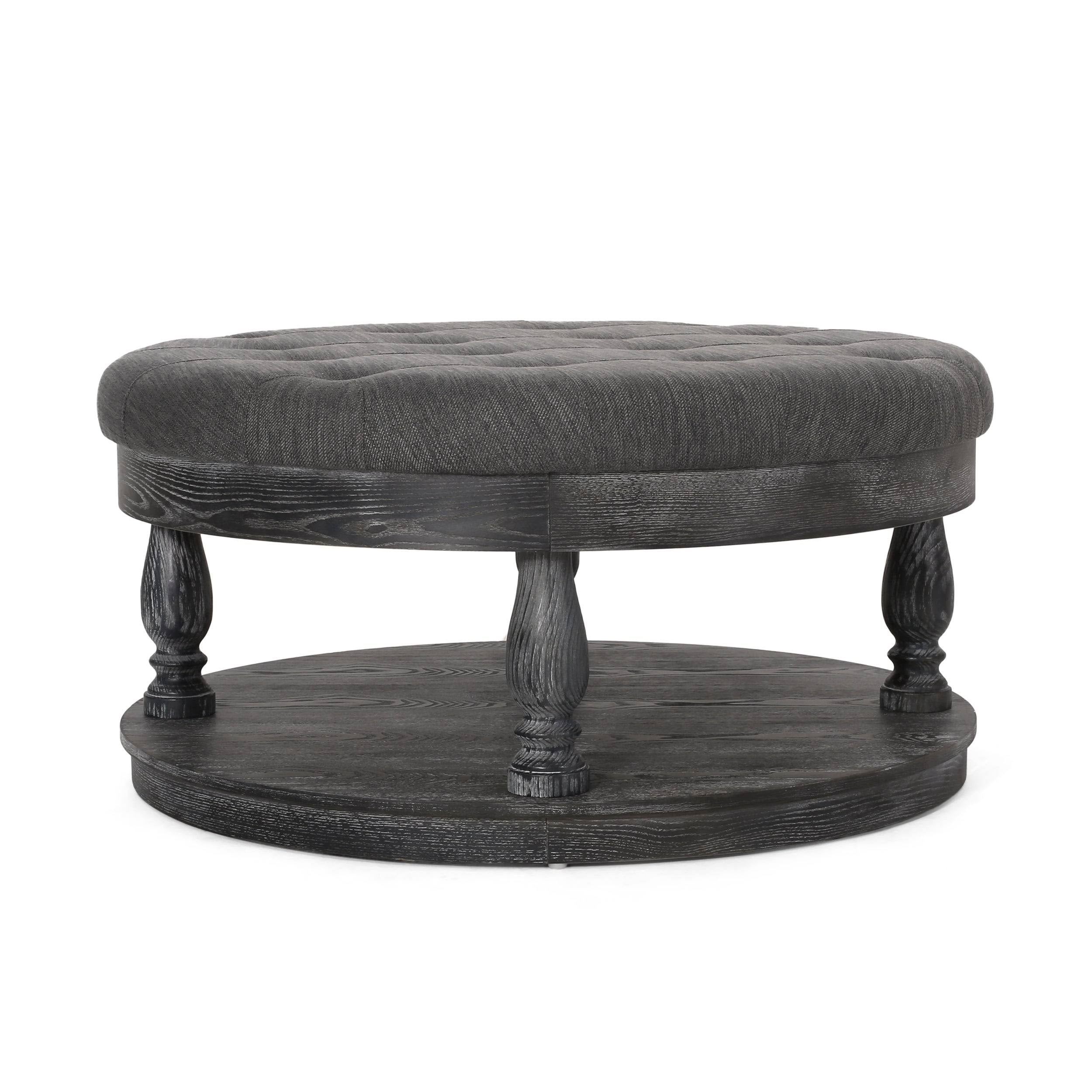 Charcoal and Gray Fabric Round Ottoman U473658